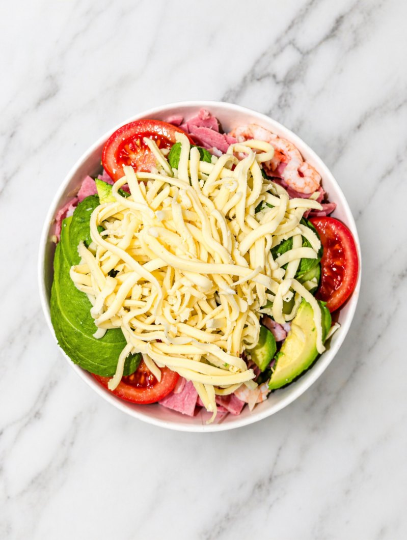 Avokadosallad – Avokado, räkor, skinka och ost i en matig sallad