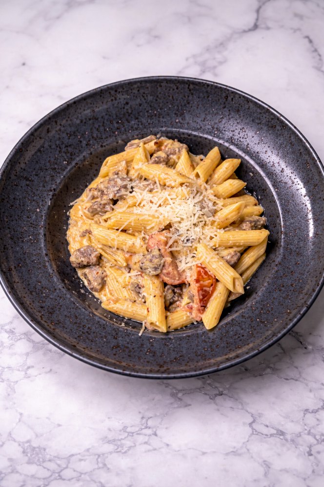 Rigatoni con carne – Strimlad oxfilé, färska champinjoner och tomater i en krämig gräddsås med vitlök